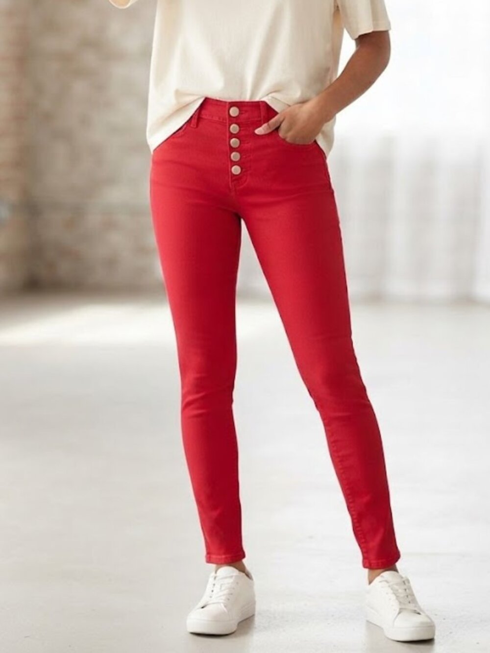 Vienna Red High Rise Skinny Fit Multi-Button Jeans Size 5